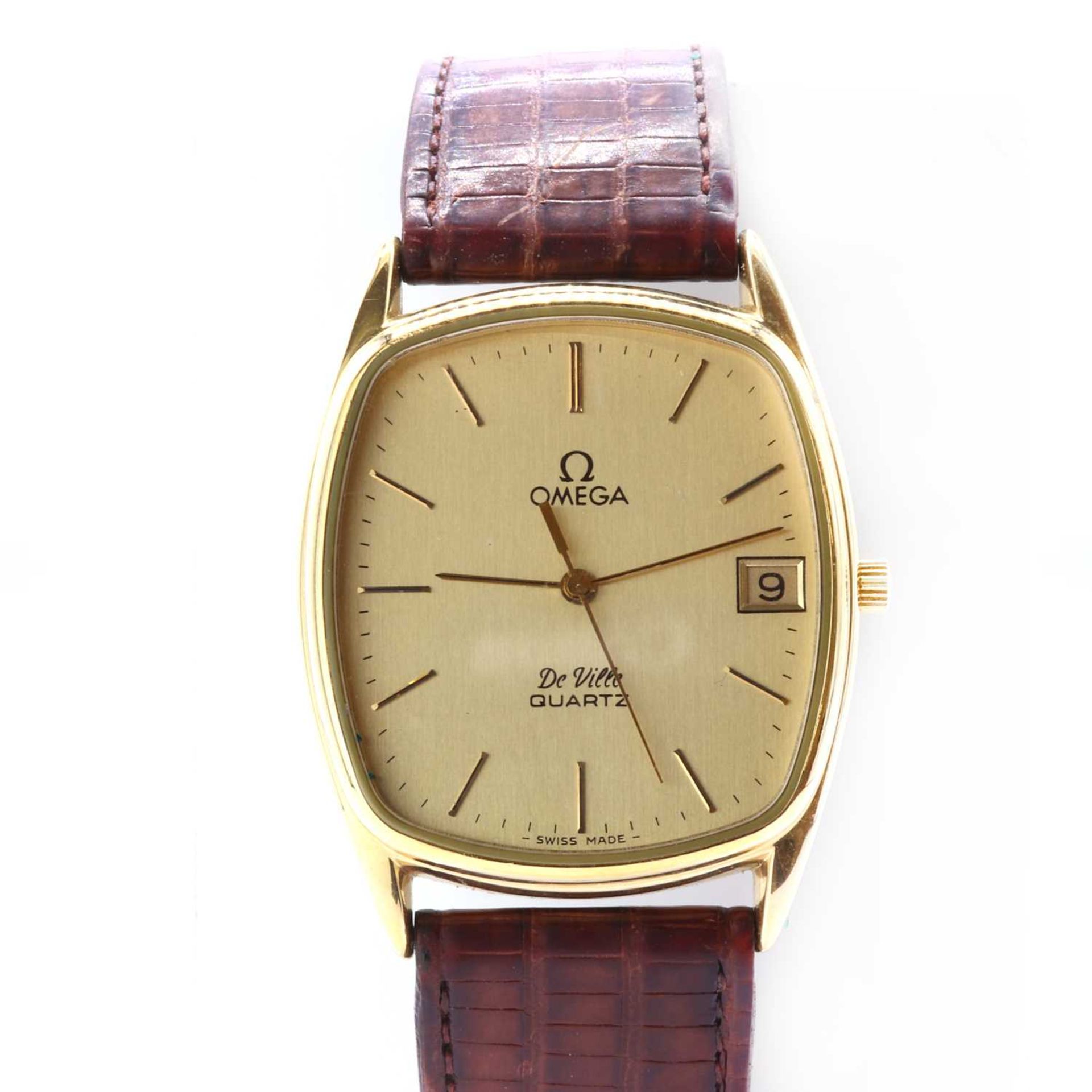 A gentlemen's gold plated Omega De Ville quartz strap watch,