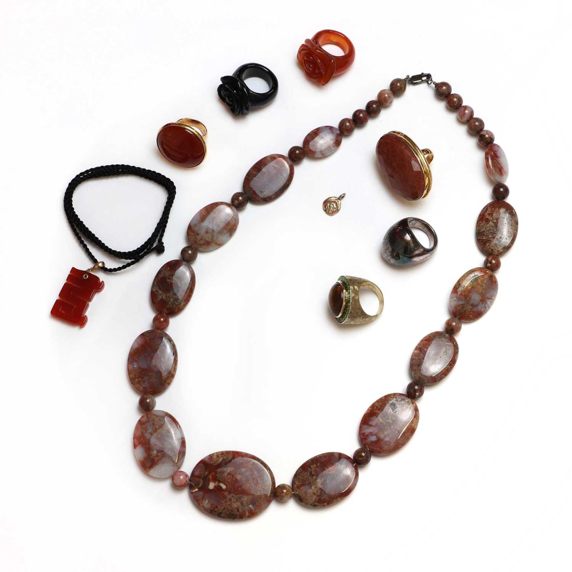 A collection of silver, gold and hardstone jewellery,