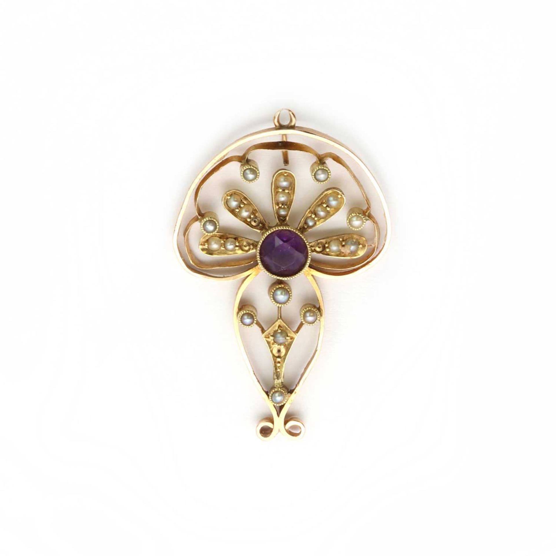 An Edwardian gold amethyst and spilt pearl pendant,