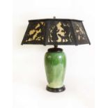 An Art Deco green-glazed vase lamp