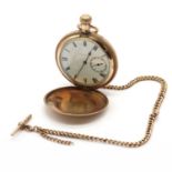 A base metal full hunter pocket watch with the section of a 9ct gold Albert chain,