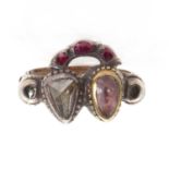 A Georgian foiled topaz, diamond and ruby twin heart ring, c.1780,