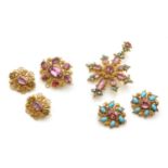 A Regency gold foiled pink topaz and turquoise set cannetille matched suite,