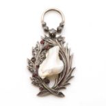 A baroque pearl, ruby, diamond and enamel pendant,