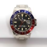 A gentlemen's stainless steel Rolex 'Oyster Perpetual GMT Master Pepsi' automatic calendar bracelet