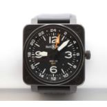 A gentlemen's steel black PVD Bell and Ross BR01-93 GMT Aviation automatic strap watch, c.2015,