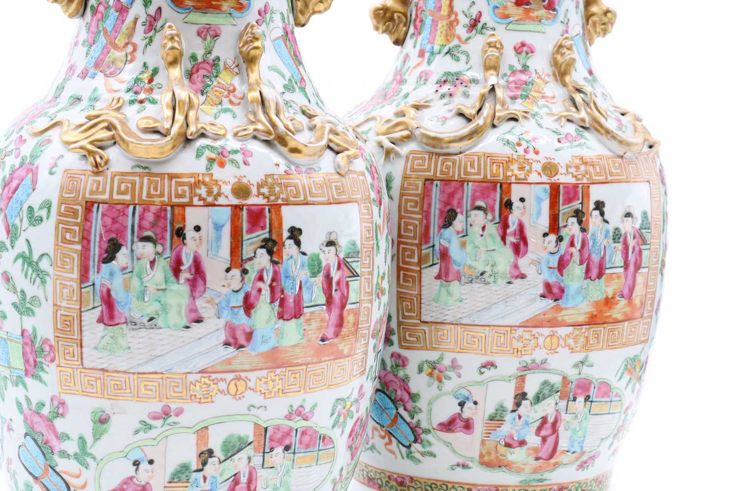 A pair of Chinese Canton export famille rose vases, - Image 6 of 6