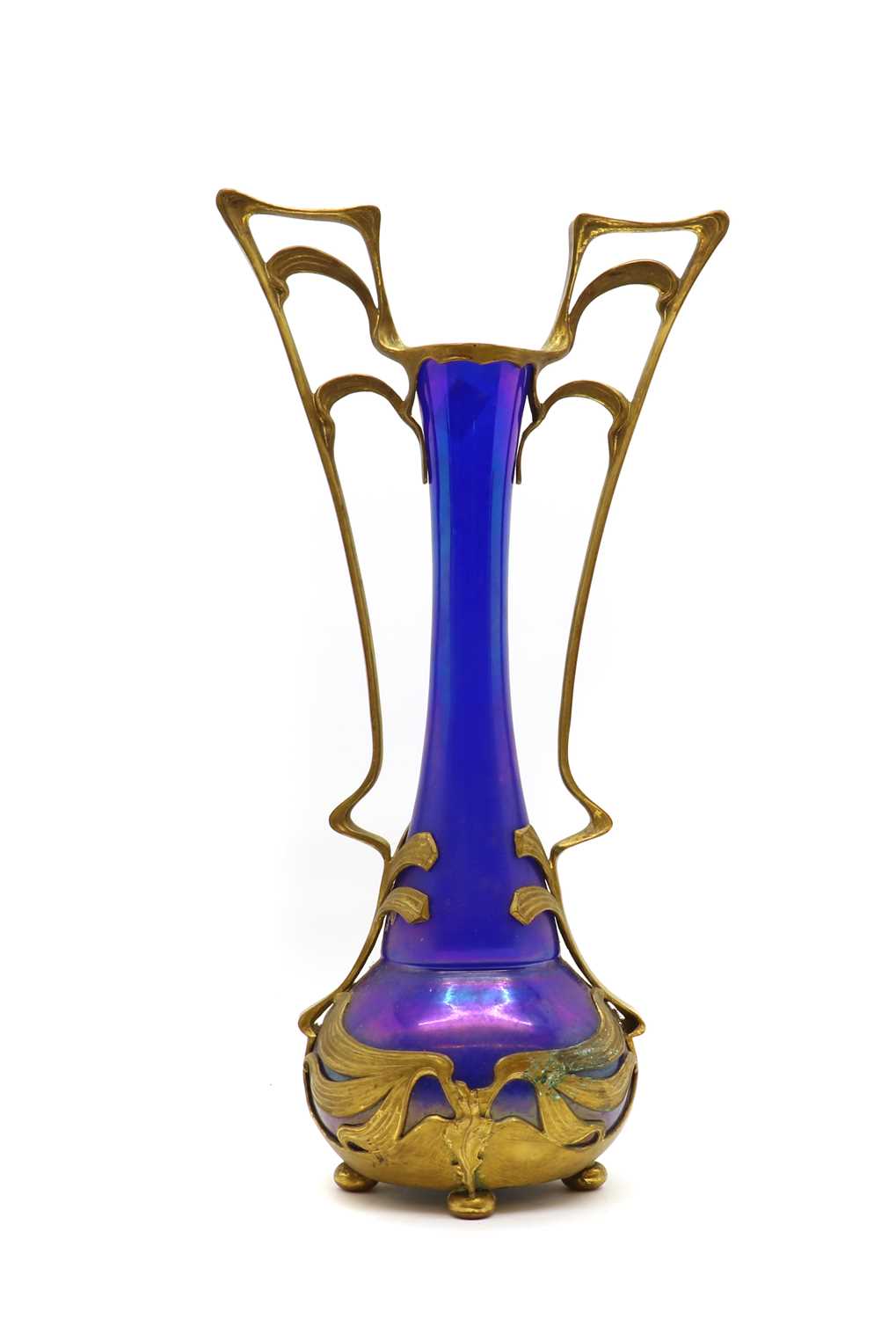 A Bohemian gilt metal mounted iridescent glass vase