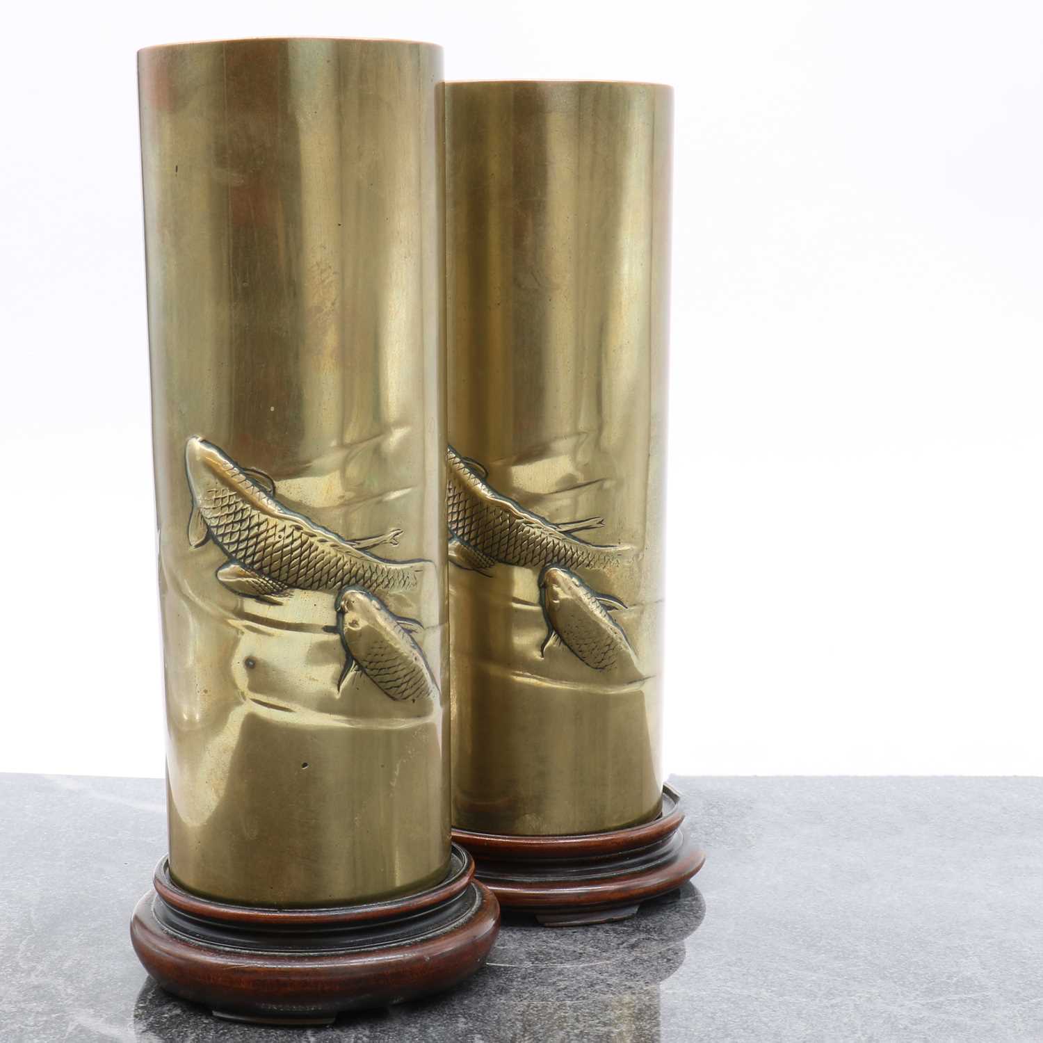 A pair of Japanese brass vases,