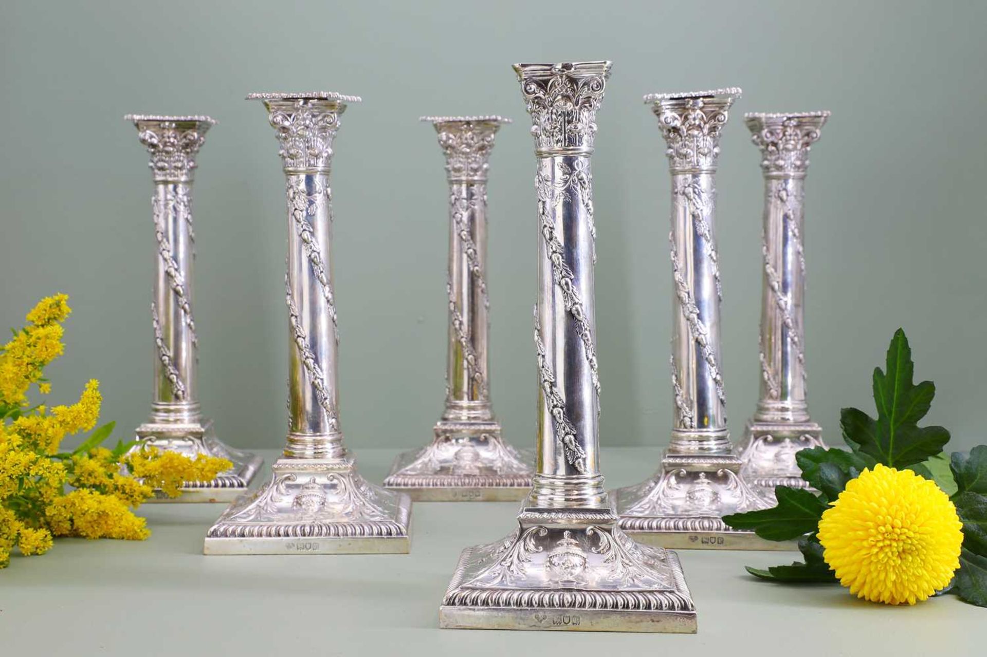 A composed set of six Edwardian silver candlesticks - Image 2 of 9
