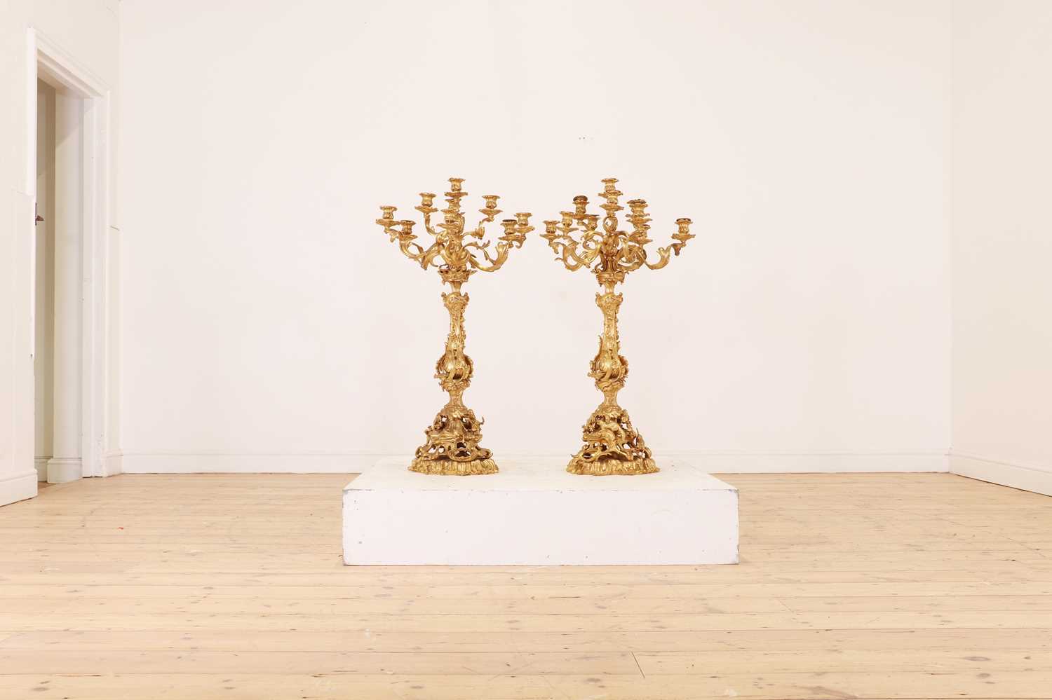 A large pair of Louis XV-style gilt-bronze candelabra, - Image 7 of 12