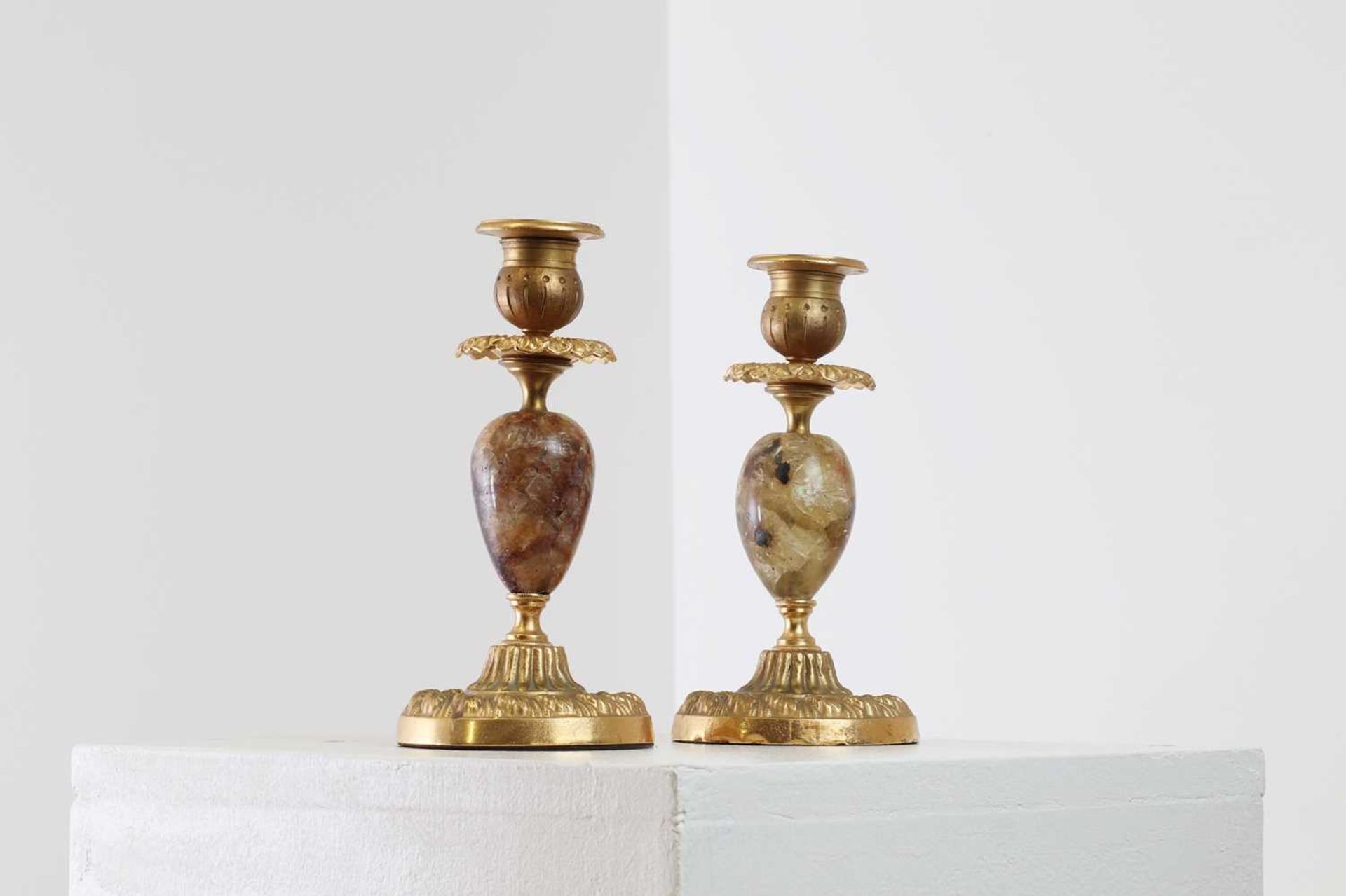 A pair of Derbyshire fluorite and ormolu candlesticks,