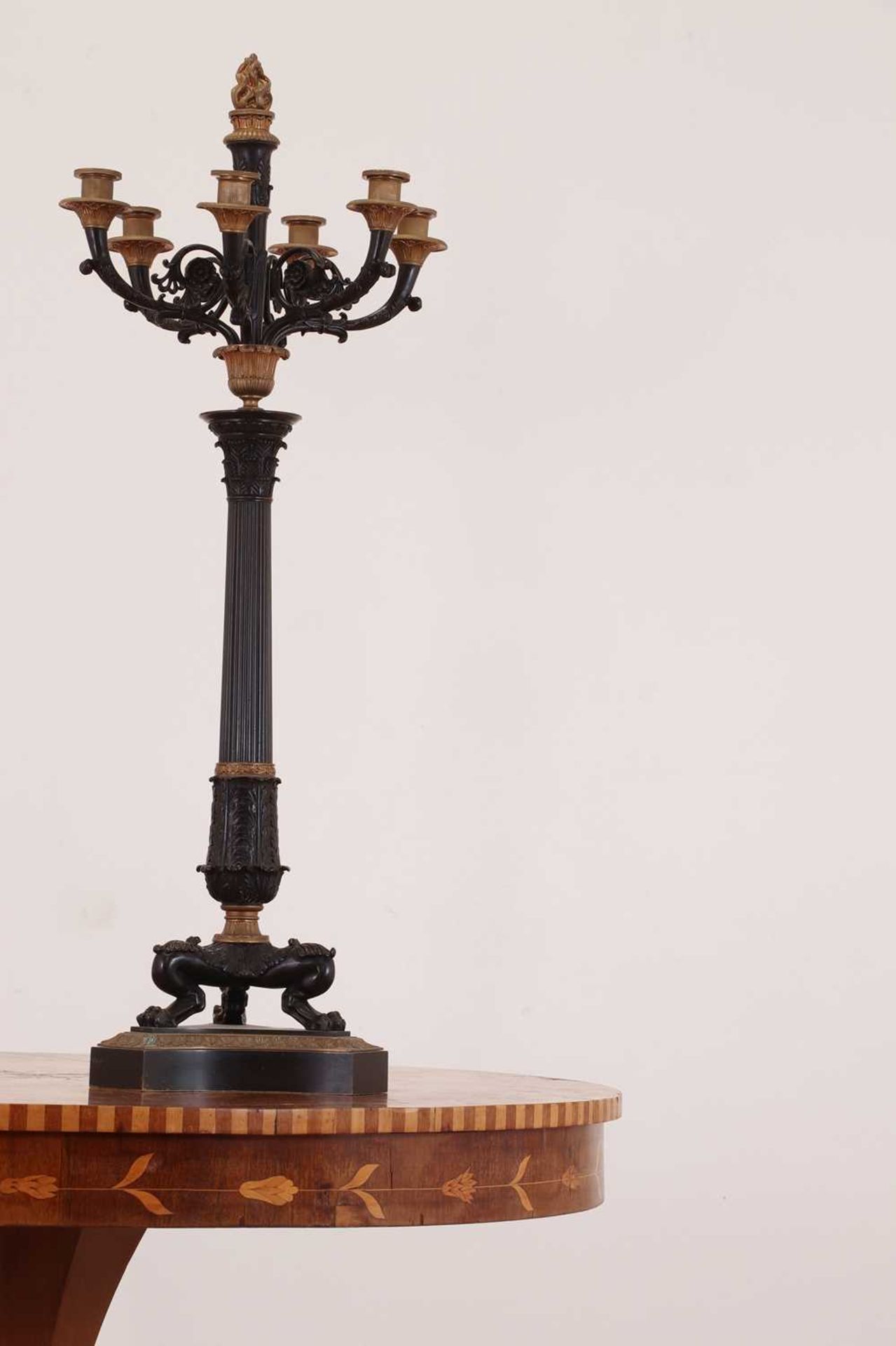 A pair of large gilt and patinated bronze candelabra, - Image 6 of 8