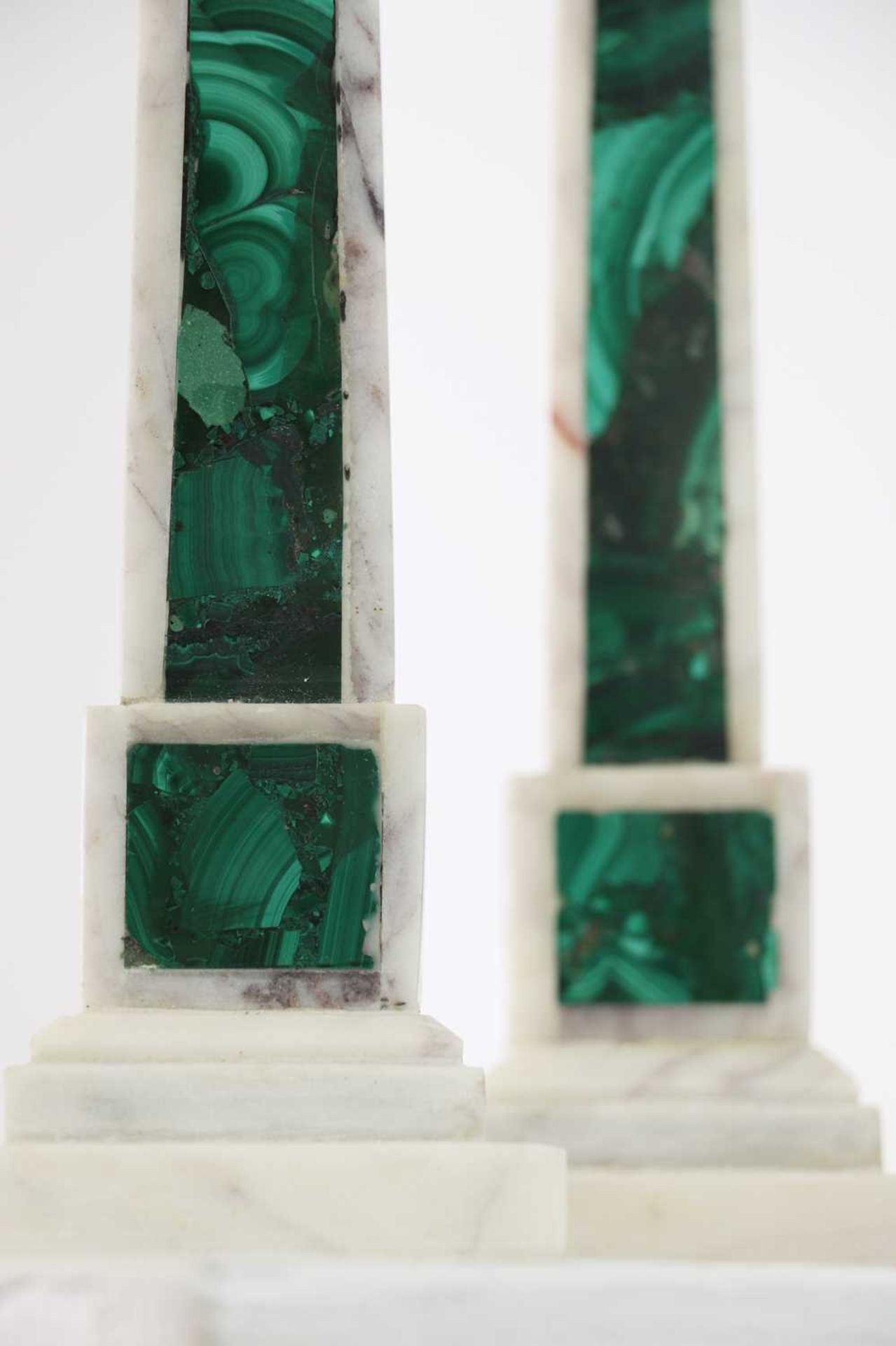 A pair of white marble and malachite obelisks - Image 6 of 6