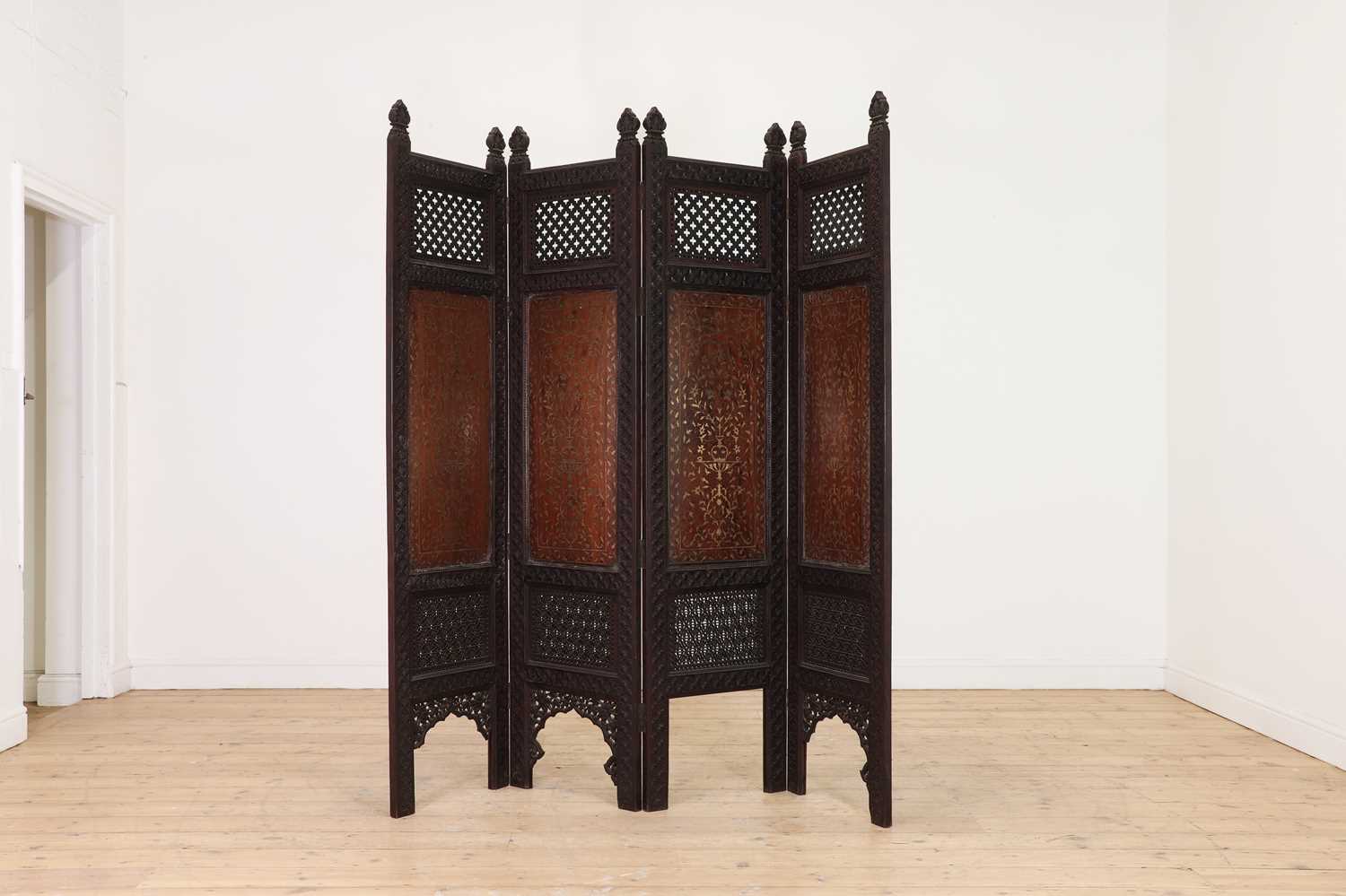 An inlaid teak folding screen,