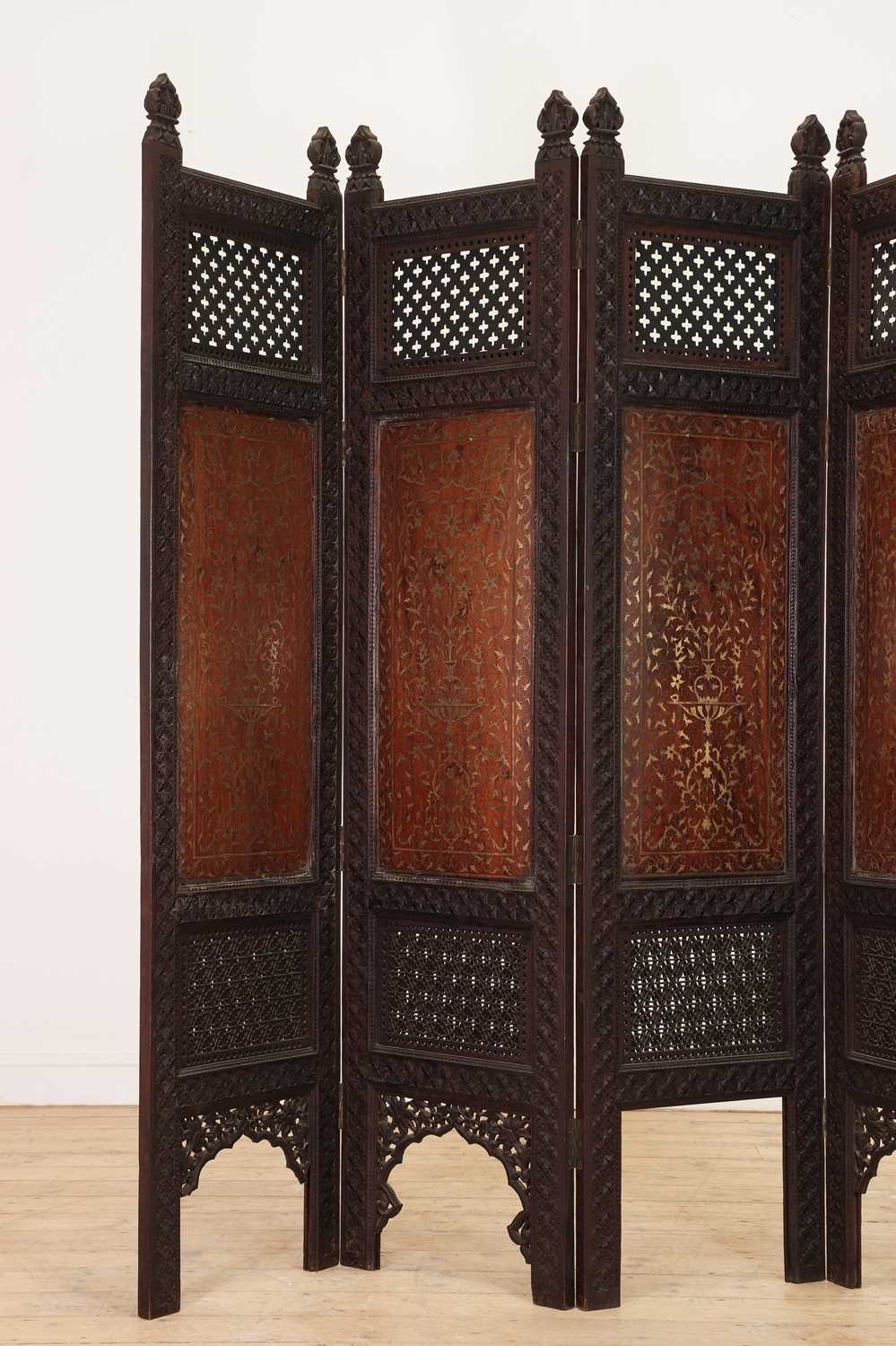 An inlaid teak folding screen, - Image 3 of 10