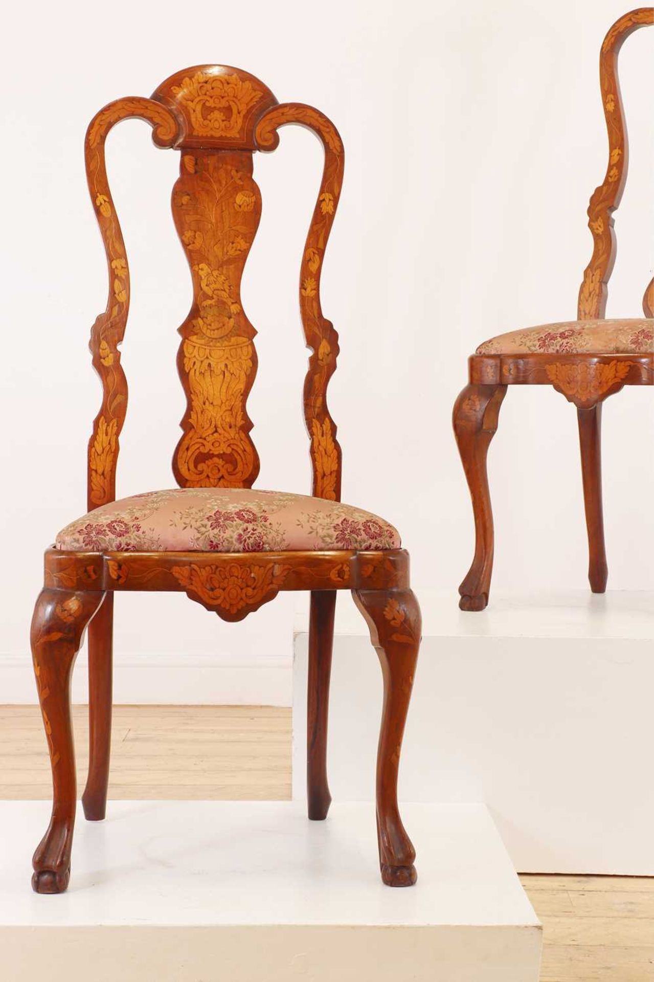 A pair of walnut and marquetry side chairs, - Image 3 of 5