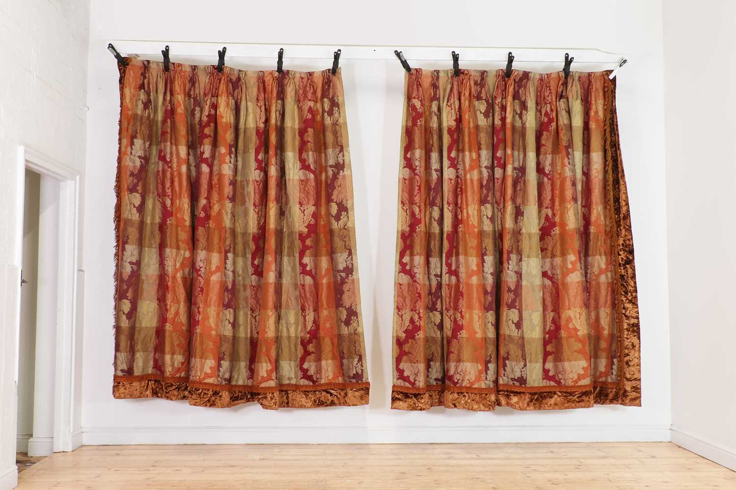 A pair of silk damask curtains,