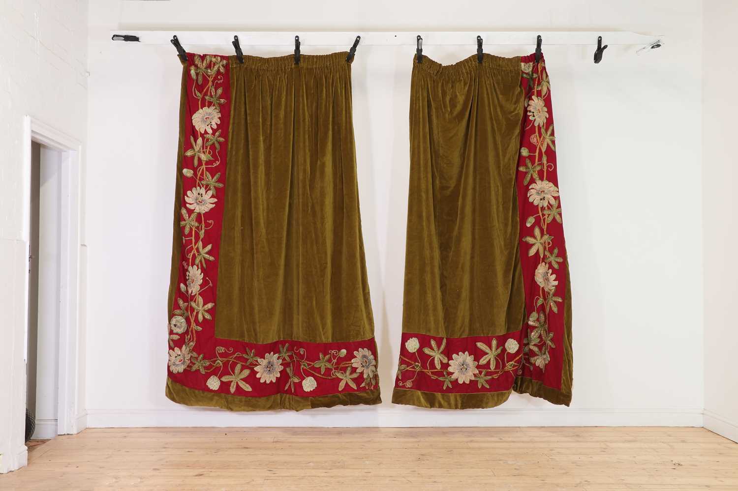 A pair of velvet, cotton and silk embroidered curtains,