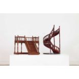 Two wooden architectural models of staircases,