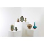 A group of seven pottery, glass and metalware items,