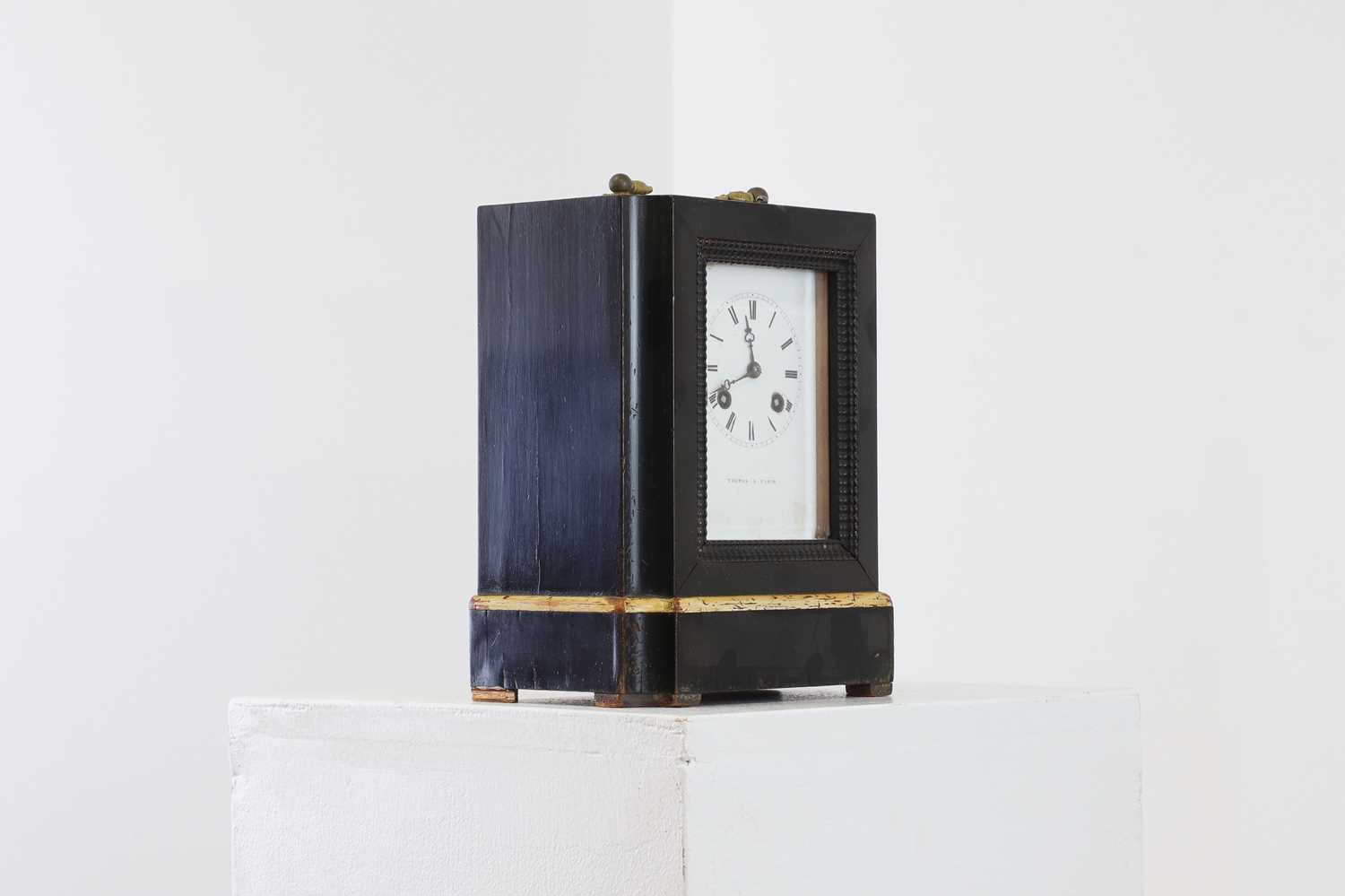 An ebonised and painted table clock, - Image 3 of 4