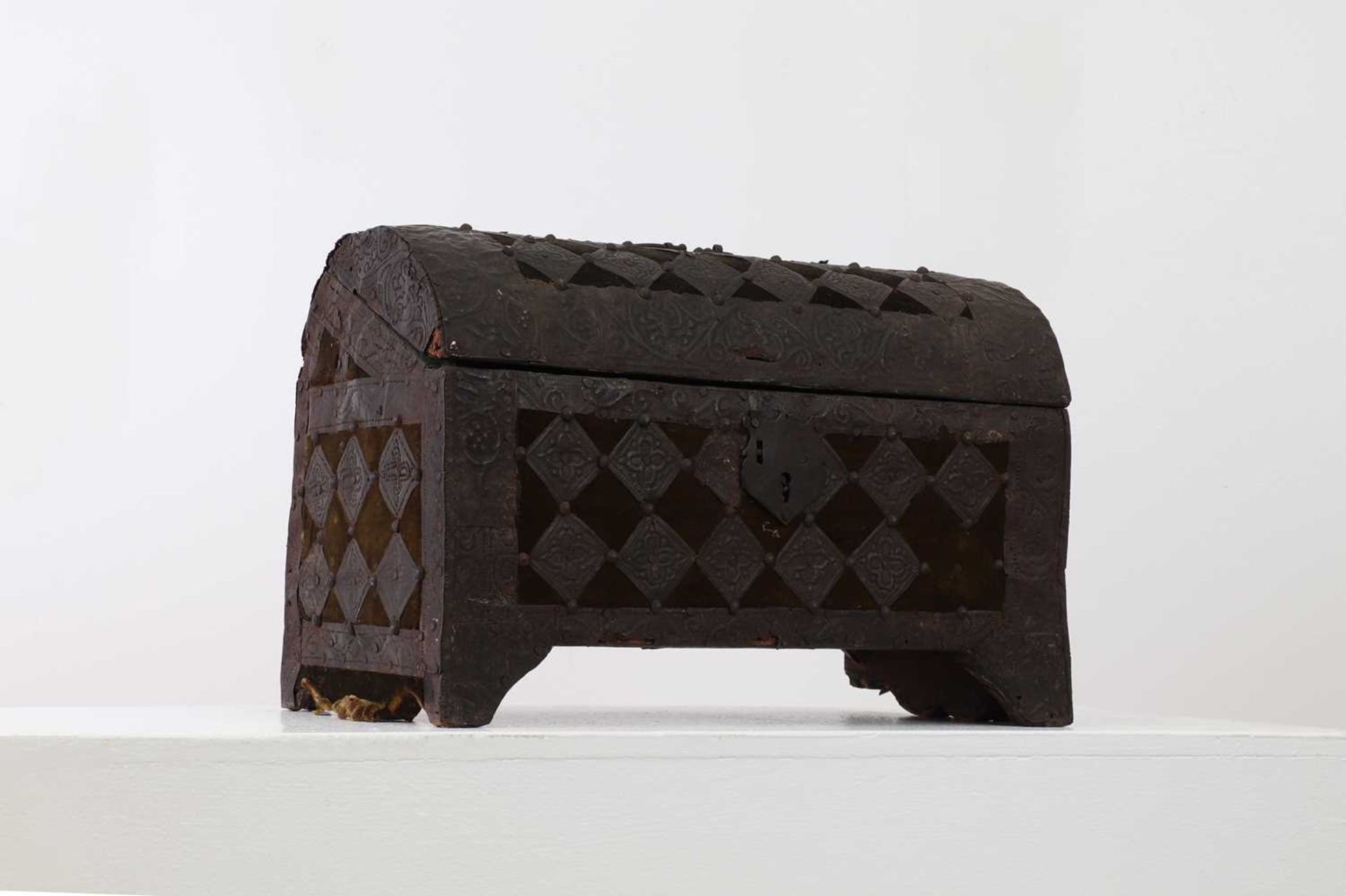A studded metal-clad table casket,