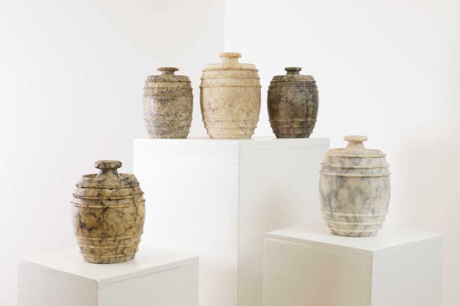 Five carved alabaster jars and covers, - Image 3 of 6