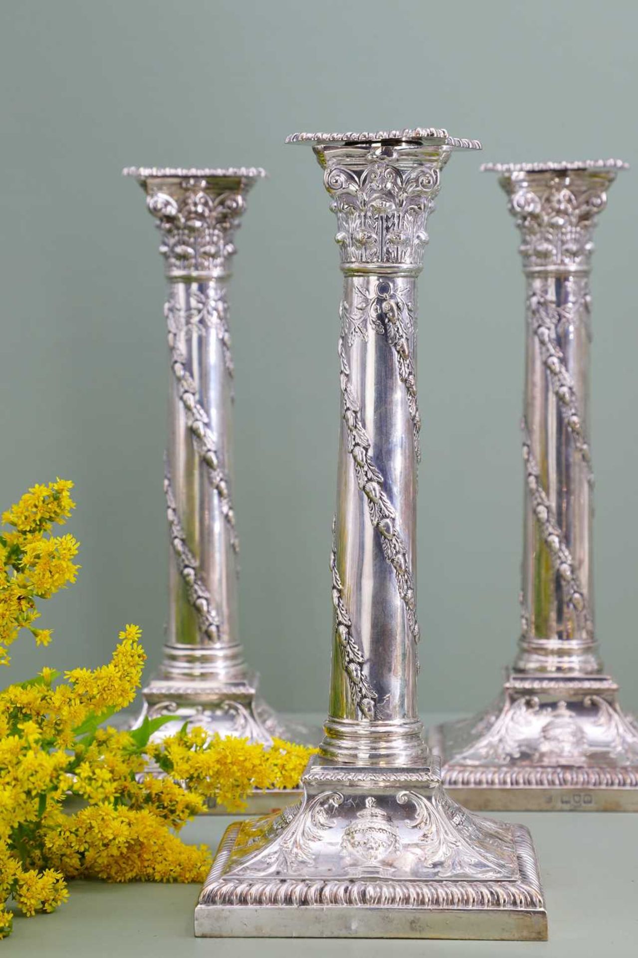 A composed set of six Edwardian silver candlesticks - Image 6 of 9