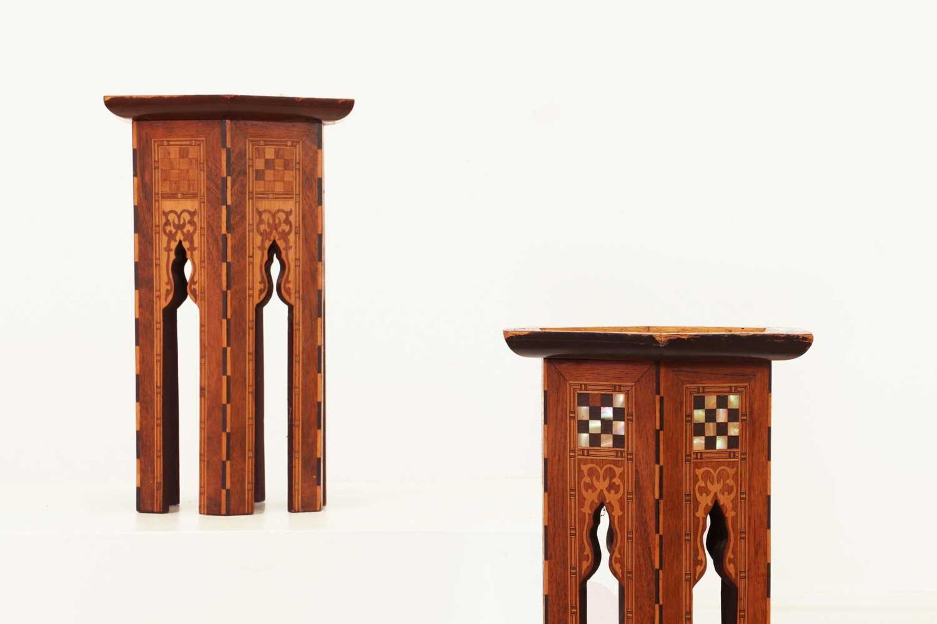 A near pair of inlaid walnut and fruitwood wine tables,