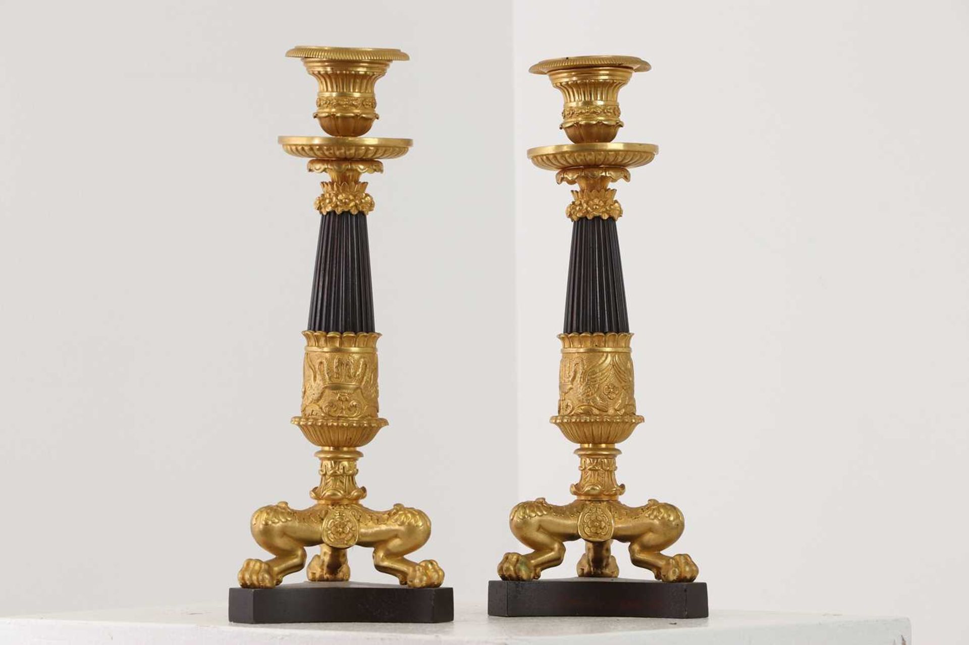 A pair of Regency-style bronze and parcel-gilt candlesticks, - Image 3 of 5