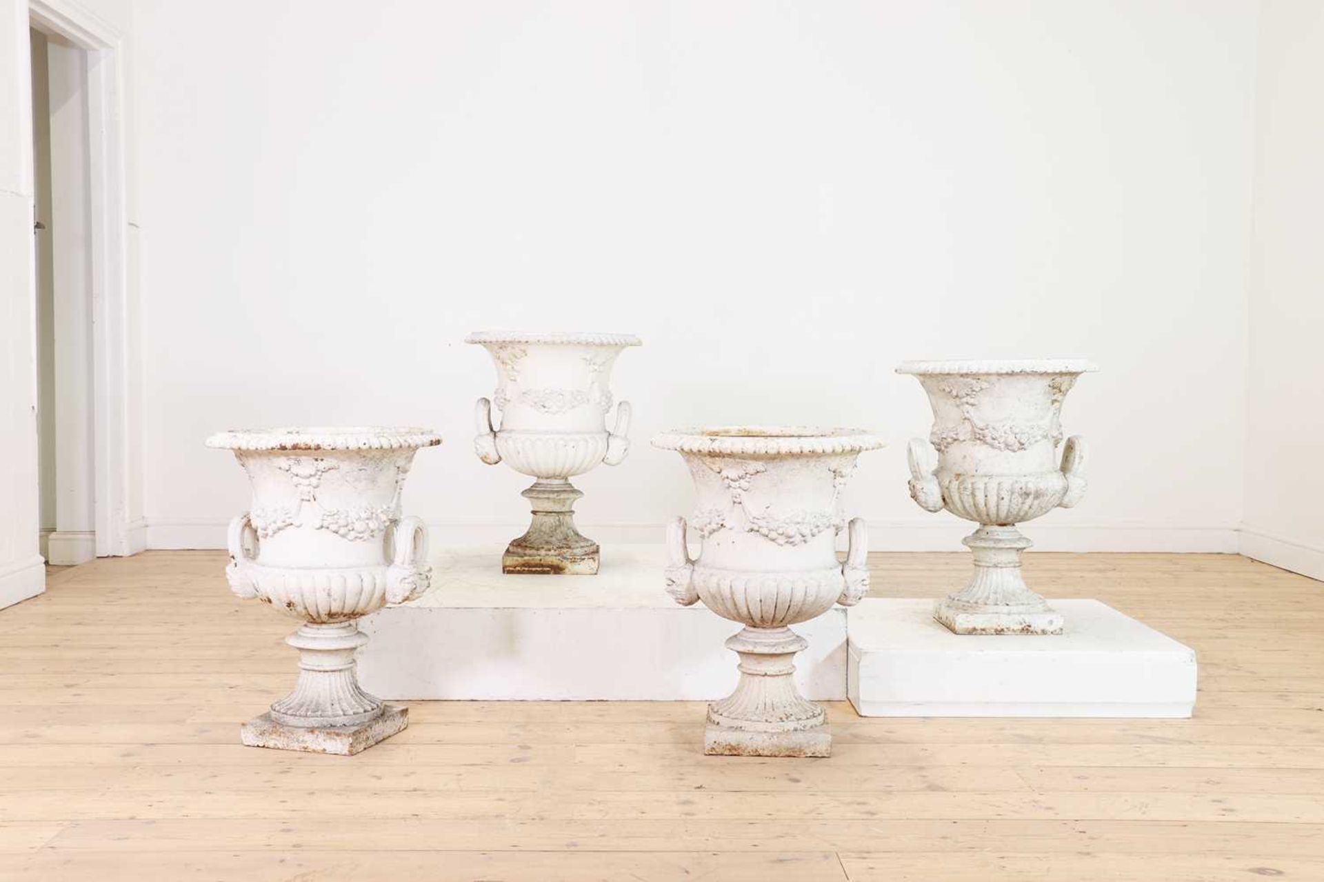 A set of four Victorian painted cast iron campana urns, - Bild 2 aus 25