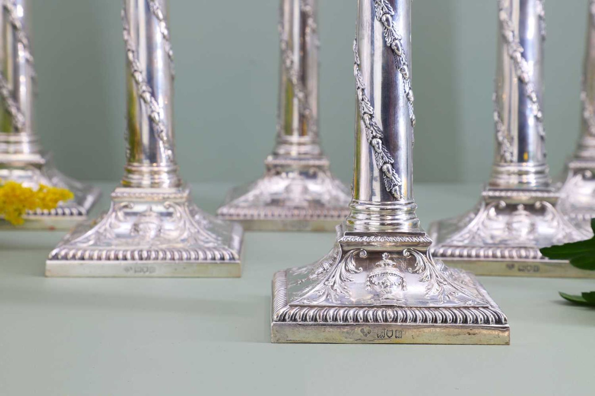 A composed set of six Edwardian silver candlesticks - Image 3 of 9