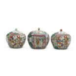 Three Chinese famille rose jars and covers,