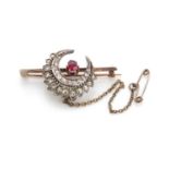A late Victorian ruby and diamond crescent bar brooch,