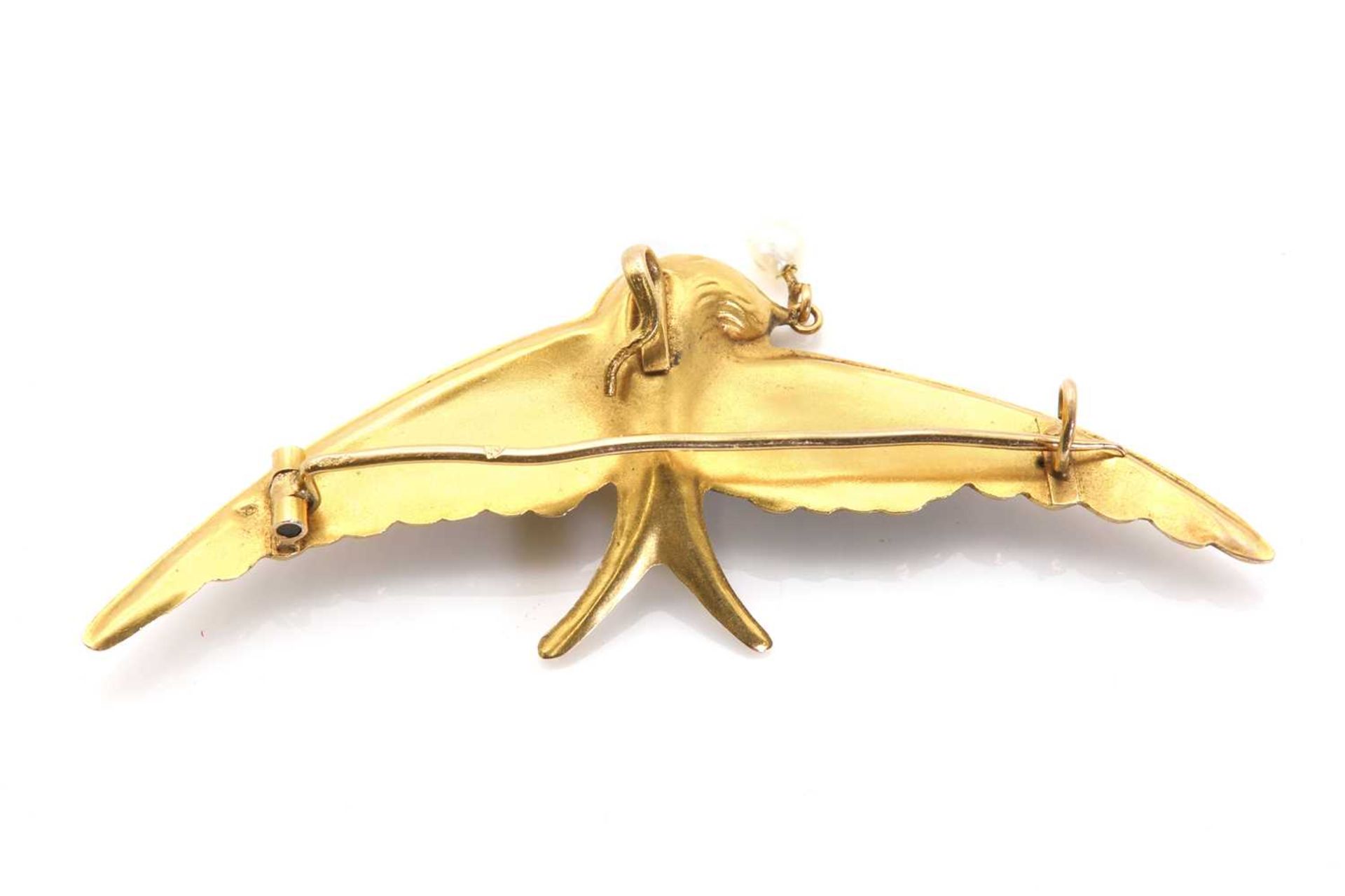 A French Art Nouveau gold and blister pearl swallow brooch, - Image 3 of 3