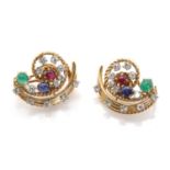 A pair of American emerald, sapphire, ruby and diamond clip earrings, c.1950,