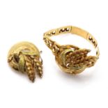 A French gold wheatsheaf design bracelet and brooch suite,