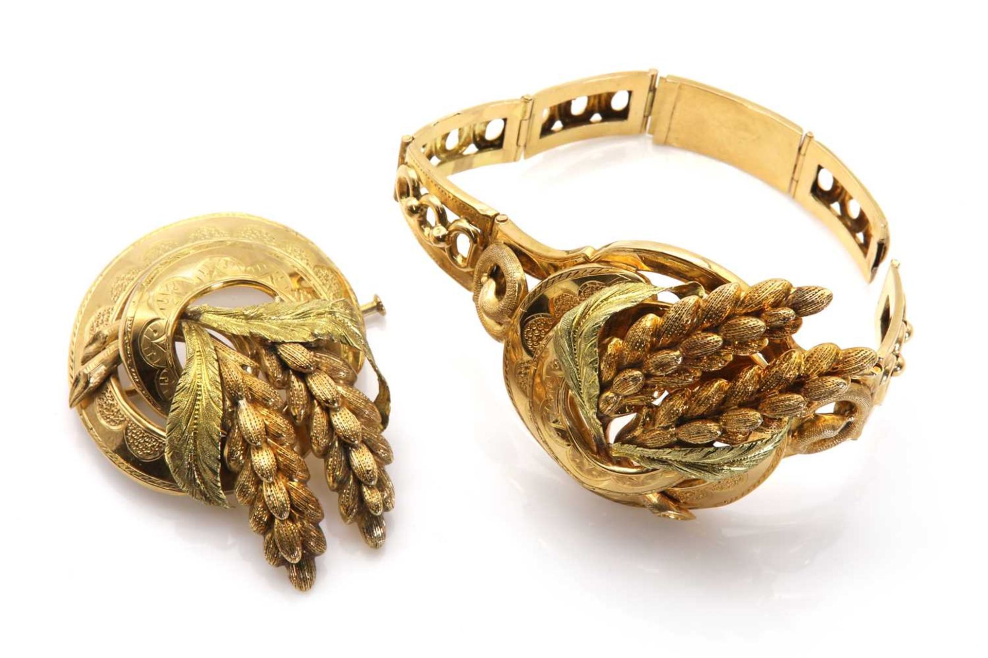 A French gold wheatsheaf design bracelet and brooch suite,