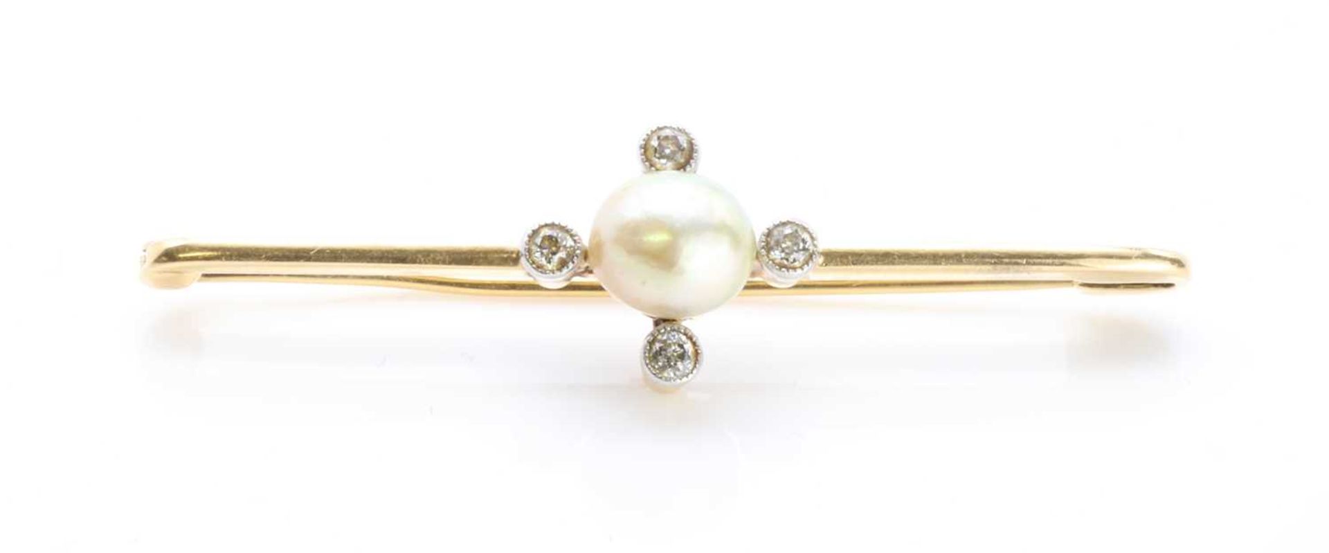 An Edwardian pearl and diamond bar brooch with a semi baroque pearl,
