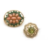 An Edwardian octofoil shaped peridot and split pearl brooch, c.1905,