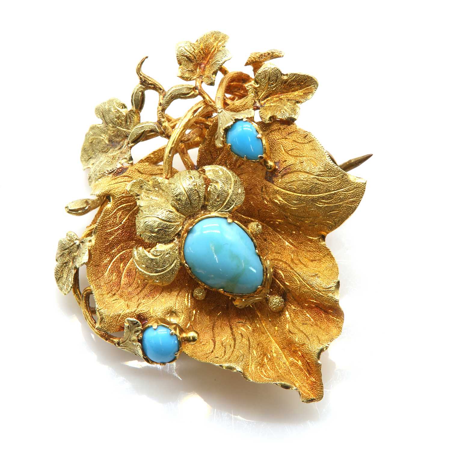 An early Victorian two colour gold turquoise set leaf brooch, c.1840,