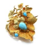 An early Victorian two colour gold turquoise set leaf brooch, c.1840,