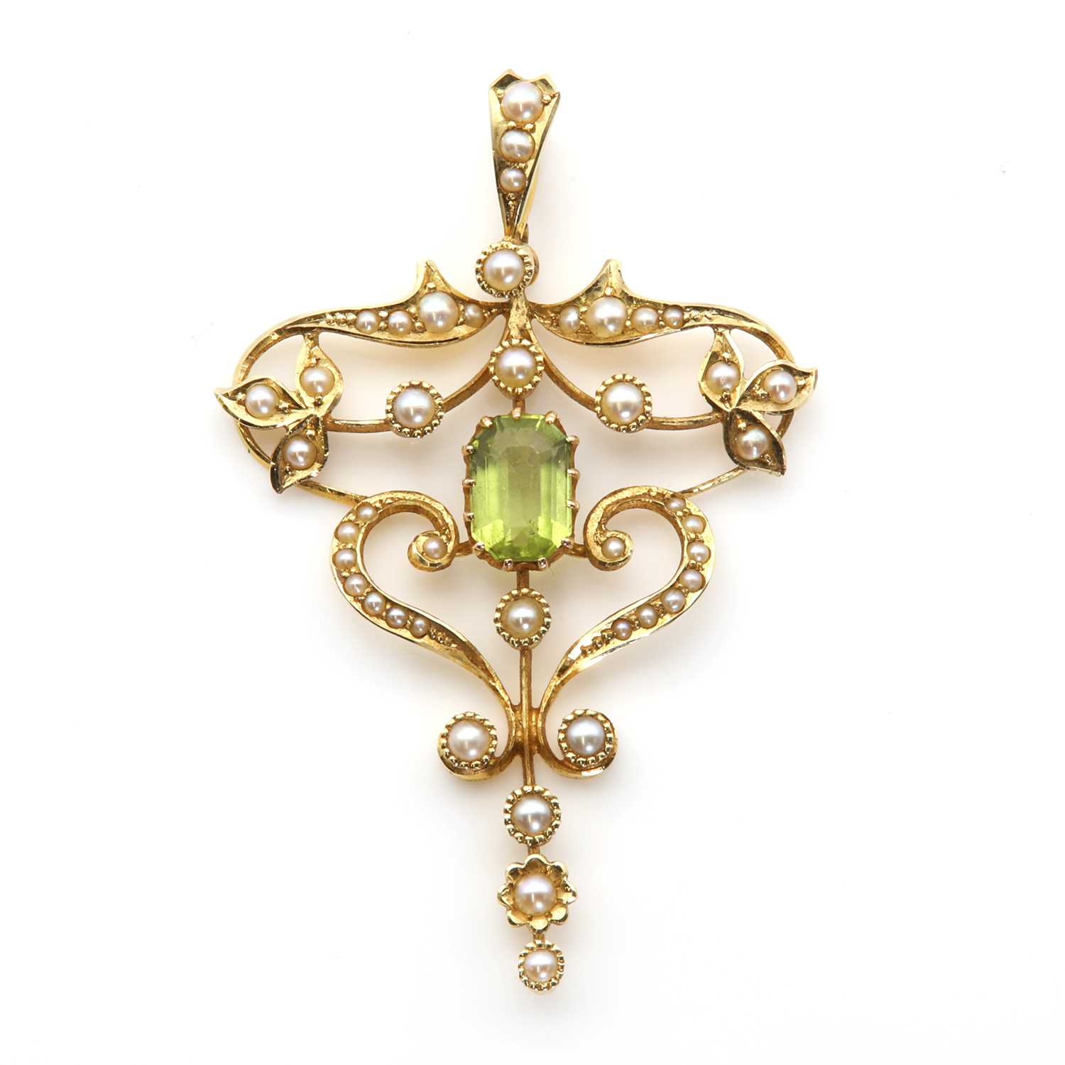 An Edwardian peridot split pearl pendant,