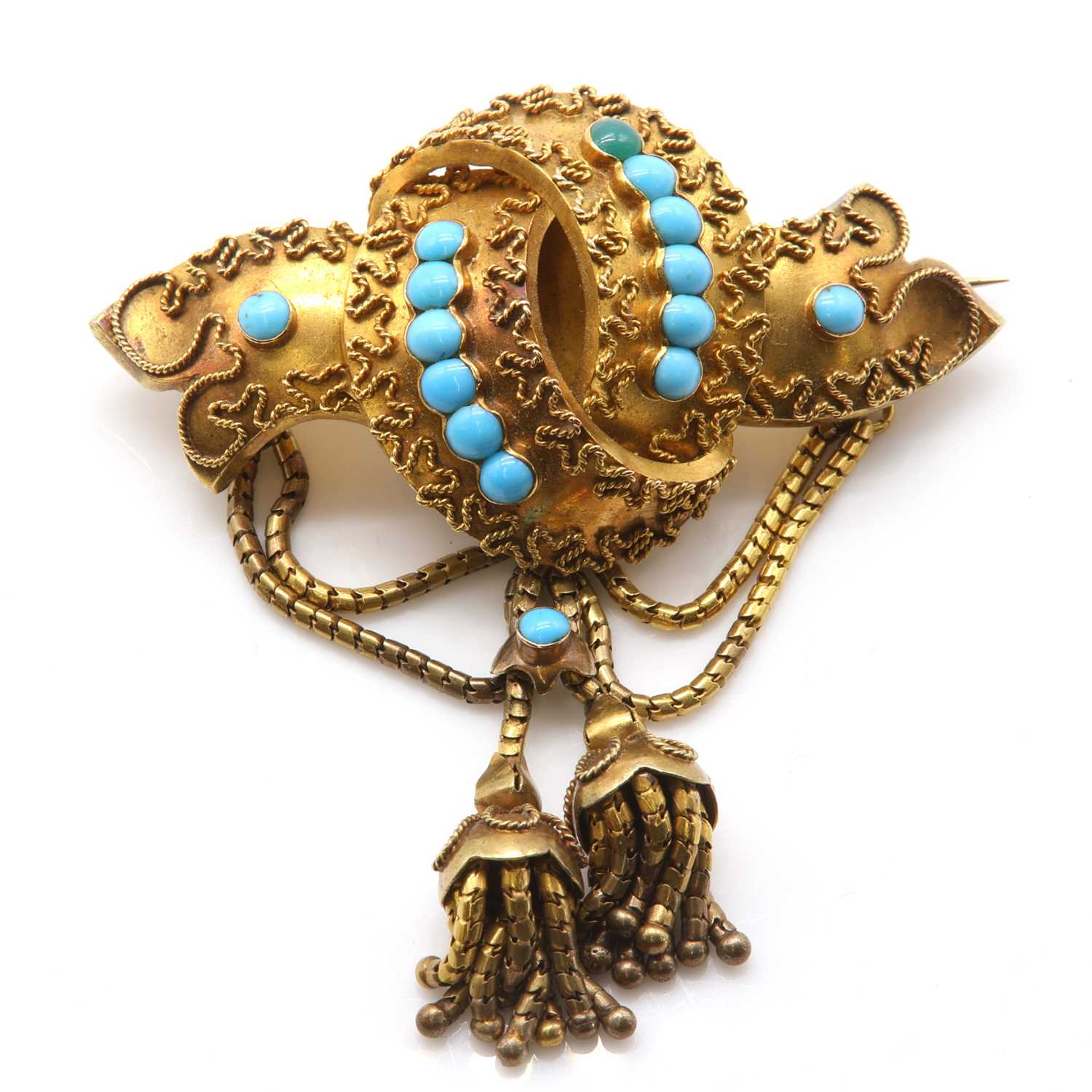 A Victorian turquoise swag and tassel brooch, c.1860,