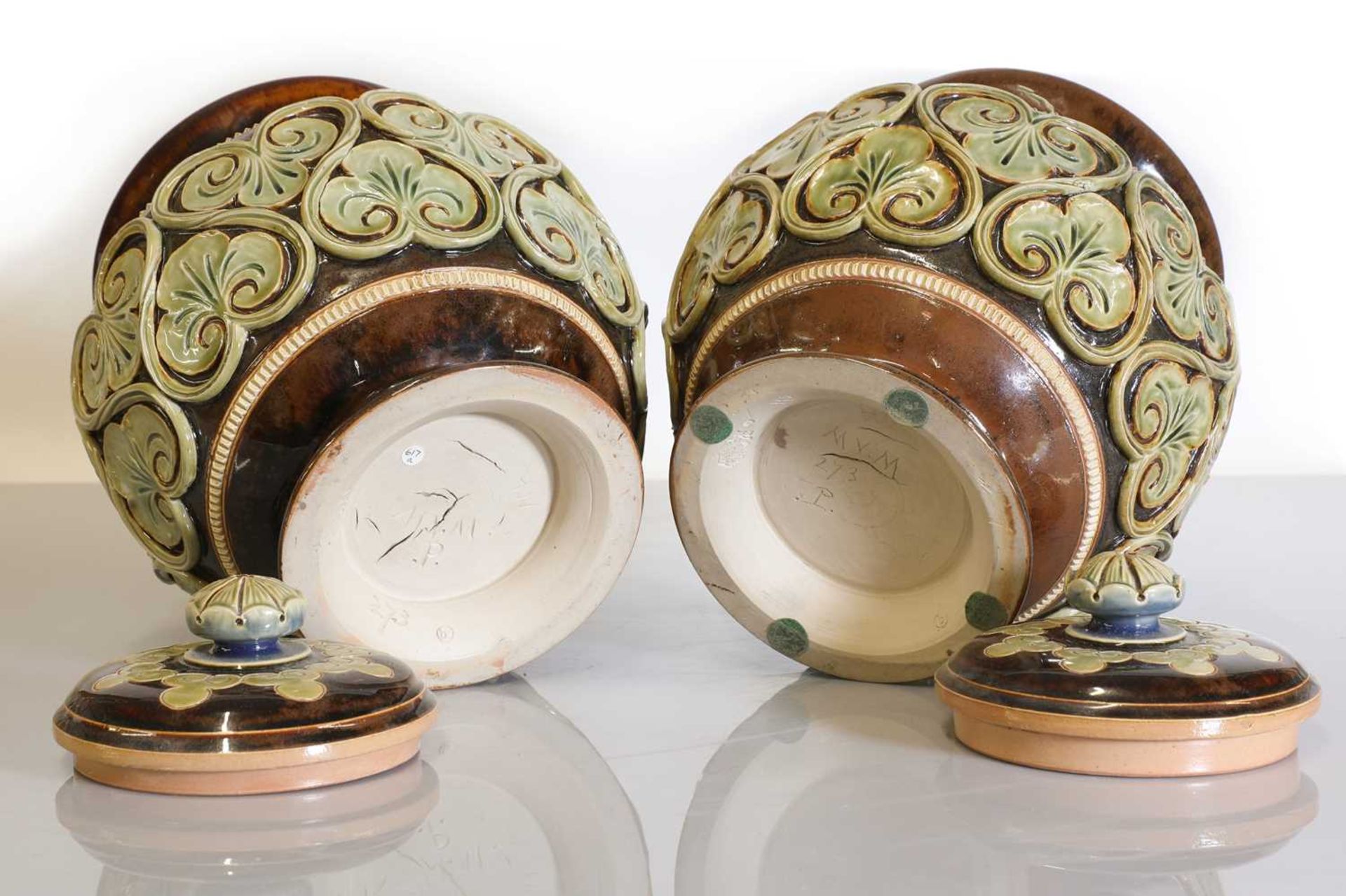 A pair of Doulton Lambeth stoneware vases and covers, - Image 3 of 3