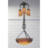 An Art Deco wrought-iron and glass ceiling mount,