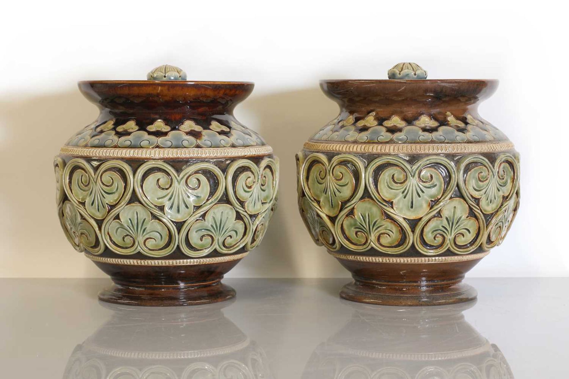 A pair of Doulton Lambeth stoneware vases and covers, - Image 2 of 3