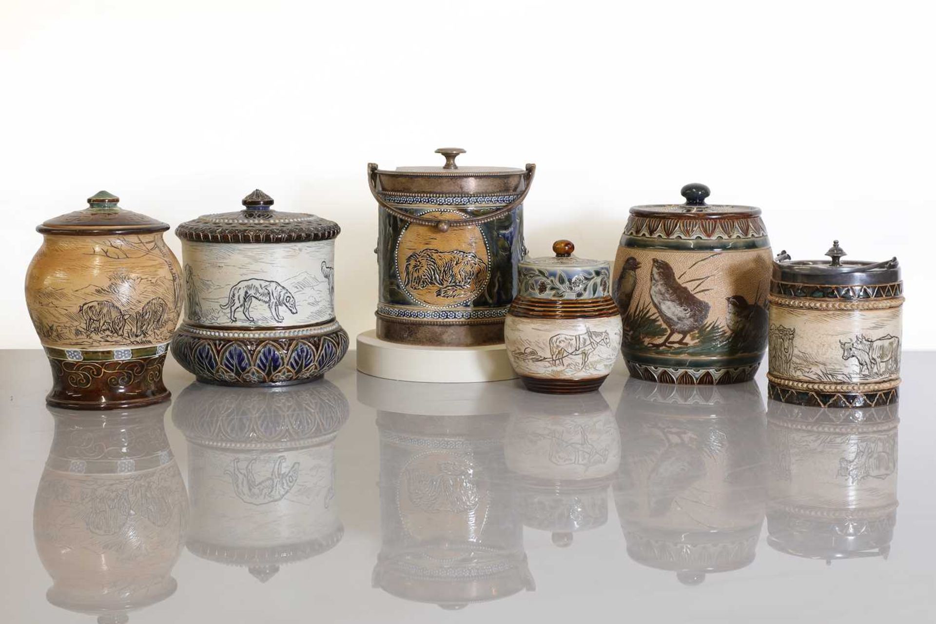 Six Doulton Lambeth stoneware tobacco jars and biscuit barrels, - Image 2 of 4