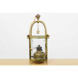 A square brass hanging lantern